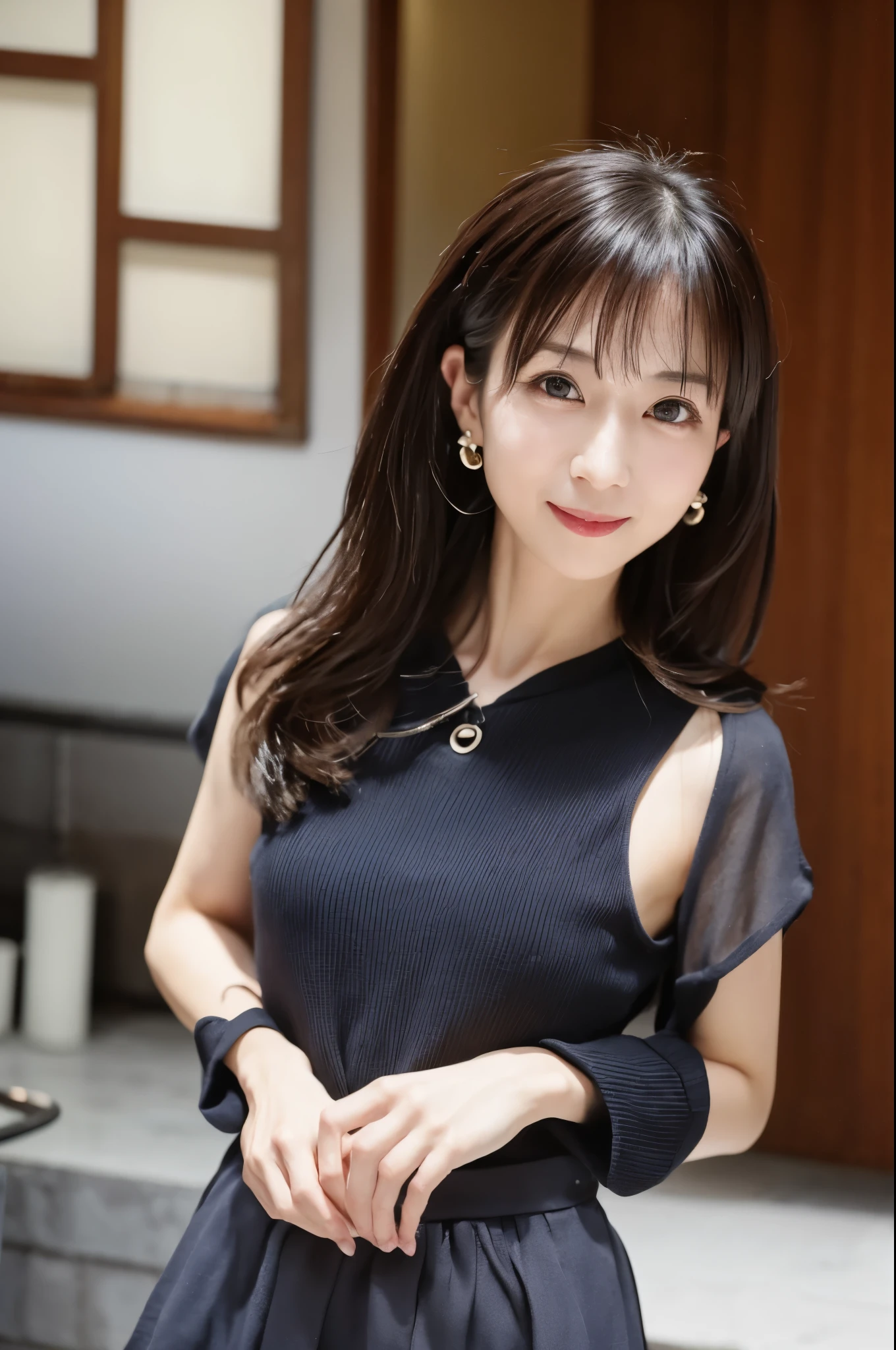 (High reality photograph, high resolusion photograph, super detailed face, detailed eyes) Skinny Japanese lady, 40 years old, cute face, various face expression, black long hair, skinny figure, medium breasts, very thin waist, cheongsam, full-body photo, alone in a photo