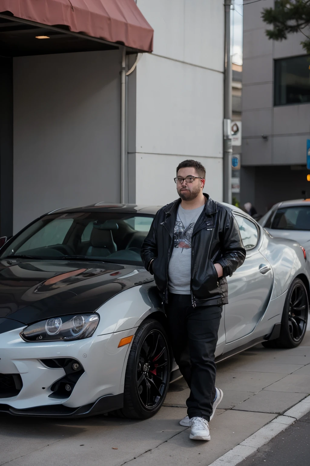 Chubby men with glasses and beaed wear black jacket vaping near orange toyota supra car