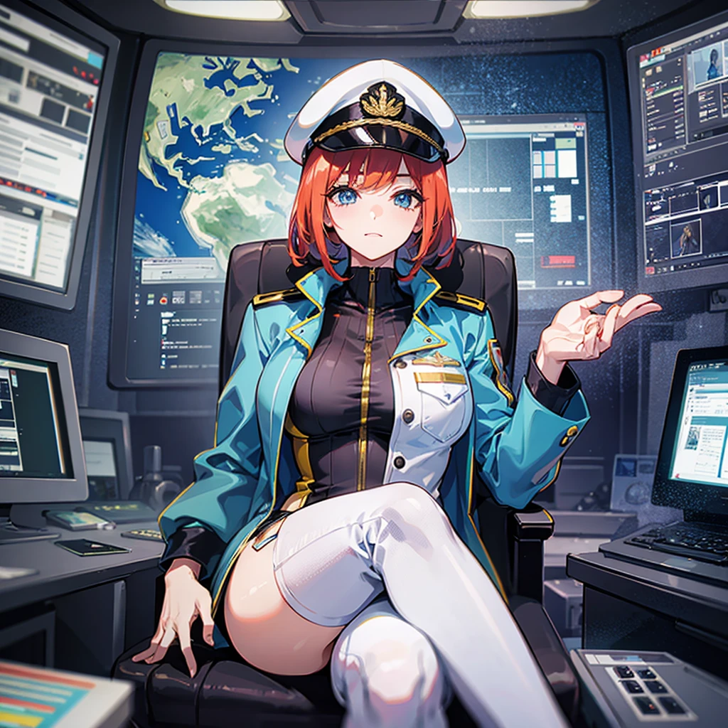 （（（​masterpiece、Top image quality、top-quality、highly detailed unity 8ｋwall-paper）））、（Illustration of one woman）、30-years old、（Viceroy）、（（Red-haired shorthair））、（Thin hair hanging down both sides of the face）、Blue eyes、（（Tall））、（（Muscle Woman、stocky build、muscular legs、broad shoulders、solid chest））、（（Military uniforms））、（（Military Cap））、（（Military coat））、（white  clothes）、（White pants）、（White cap）、trench coat、、（（（manspreading、Sitting in the captain's seat）））、（（（Inside a futuristic spaceship、Surrounded by instruments and monitors、The Universe on the Monitor、Earth seen from space）））
