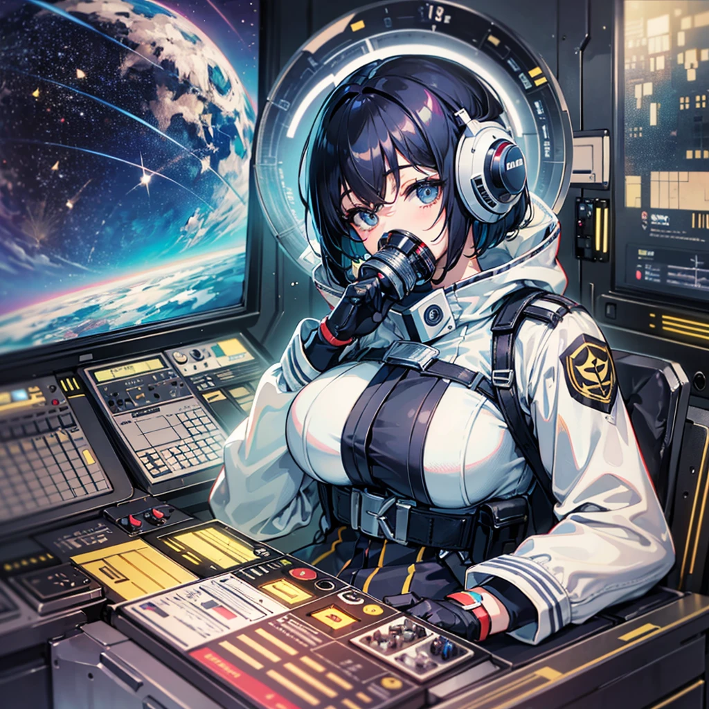 (((masterpiece、Top image quality、top-quality、highly detailed unity 8kwall-paper)))、(Illustration of one woman)、30-years old、(Viceroy)、((Black hair bob cut))、(((Gas mask covering the mouth)))、(((Gas mask covering the mouth)))、Gray eyes、((Tall))、((huge tit))、((Military uniforms))、((Military Cap))、((Military coat))、(white clothes)、(White pants)、(White cap)、trench coat、(((Sitting in the captain's seat)))、(((Inside a futuristic spaceship、Surrounded by instruments and monitors、The Universe on the Monitor、Earth seen from space)))
