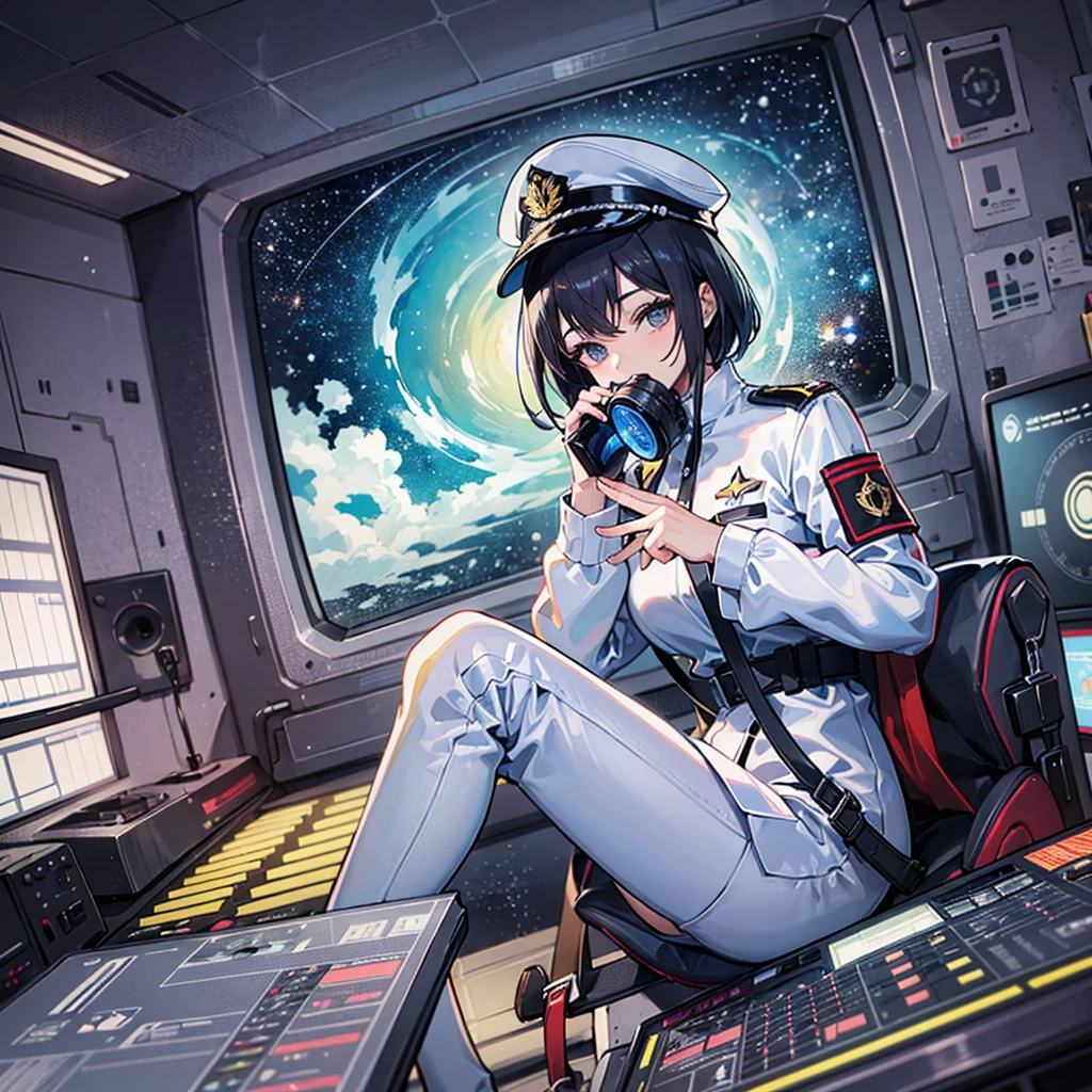（（（​masterpiece、Top image quality、top-quality、highly detailed unity 8ｋwall-paper）））、（Illustration of one woman）、30-years old、（Viceroy）、（（Black hair bob cut））、（（（Gas mask covering the mouth）））、（（（Gas mask covering the mouth）））、Gray eyes、（（Tall））、（（huge tit））、（（Military uniforms））、（（Military Cap））、（（Military coat））、（white  clothes）、（White pants）、（White cap）、trench coat、（（（Sitting in the captain's seat）））、（（（Inside a futuristic spaceship、Surrounded by instruments and monitors、The Universe on the Monitor、Earth seen from space）））