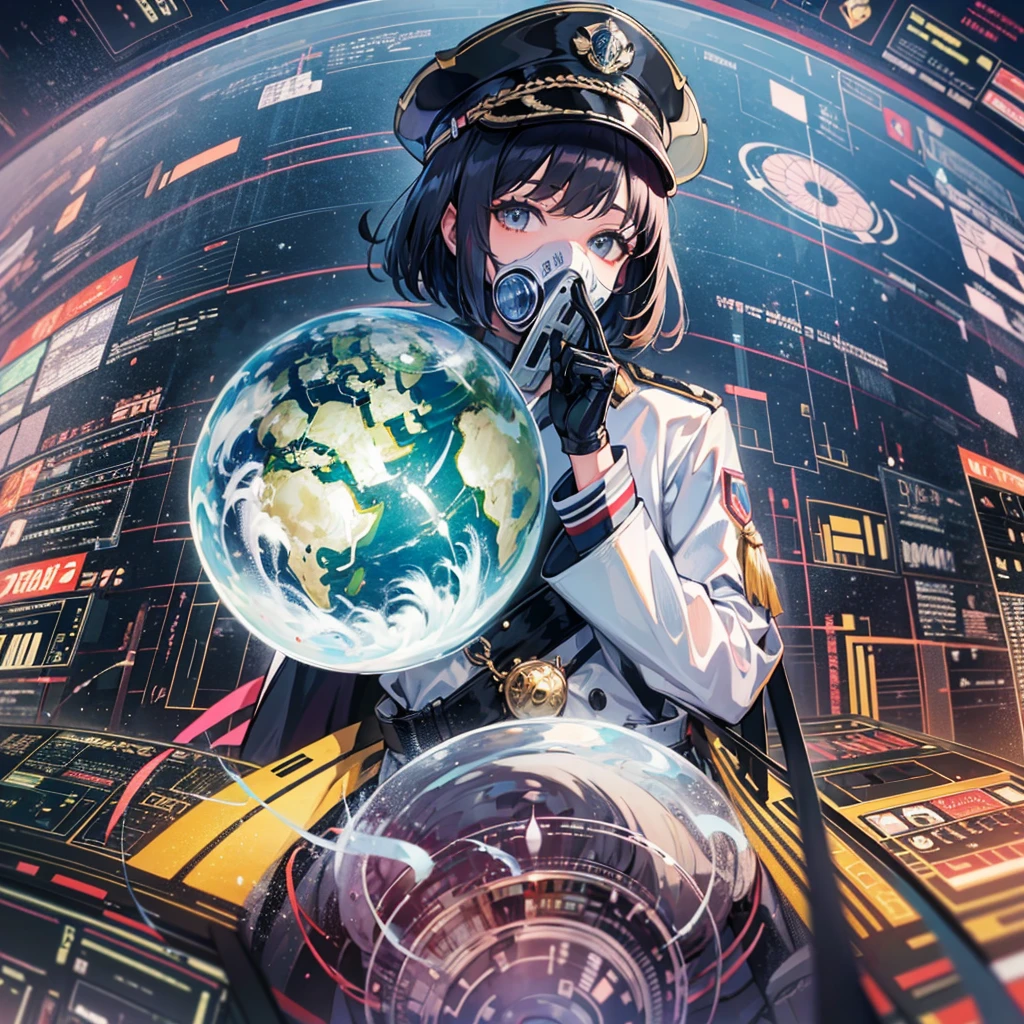(((masterpiece、Top image quality、top-quality、highly detailed unity 8kwall-paper)))、(Illustration of one woman)、30-years old、(Viceroy)、((Black hair bob cut))、(((Gas mask covering the mouth)))、(((Gas mask covering the mouth)))、Gray eyes、((Tall))、((huge tit))、((Military uniforms))、((Military Cap))、((Military coat))、(white clothes)、(White pants)、(White cap)、trench coat、(((Sitting in the captain's seat)))、(((Inside a futuristic spaceship、Surrounded by instruments and monitors、The Universe on the Monitor、Earth seen from space)))