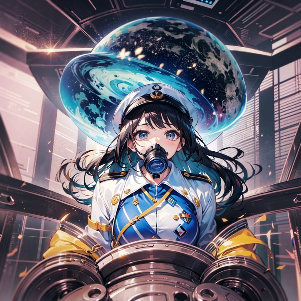 （（（​masterpiece、Top image quality、top-quality、highly detailed unity 8ｋwall-paper）））、（Illustration of one woman）、30-years old、（Viceroy）、（（Black hair bob cut））、（（（Gas mask covering the mouth）））、（（（Gas mask covering the mouth）））、Gray eyes、（（Tall））、（（huge tit））、（（Military uniforms））、（（Military Cap））、（（Military coat））、（white  clothes）、（White pants）、（White cap）、trench coat、（（（Sitting in the captain's seat）））、（（（Inside a futuristic spaceship、Surrounded by instruments and monitors、The Universe on the Monitor、Earth seen from space）））