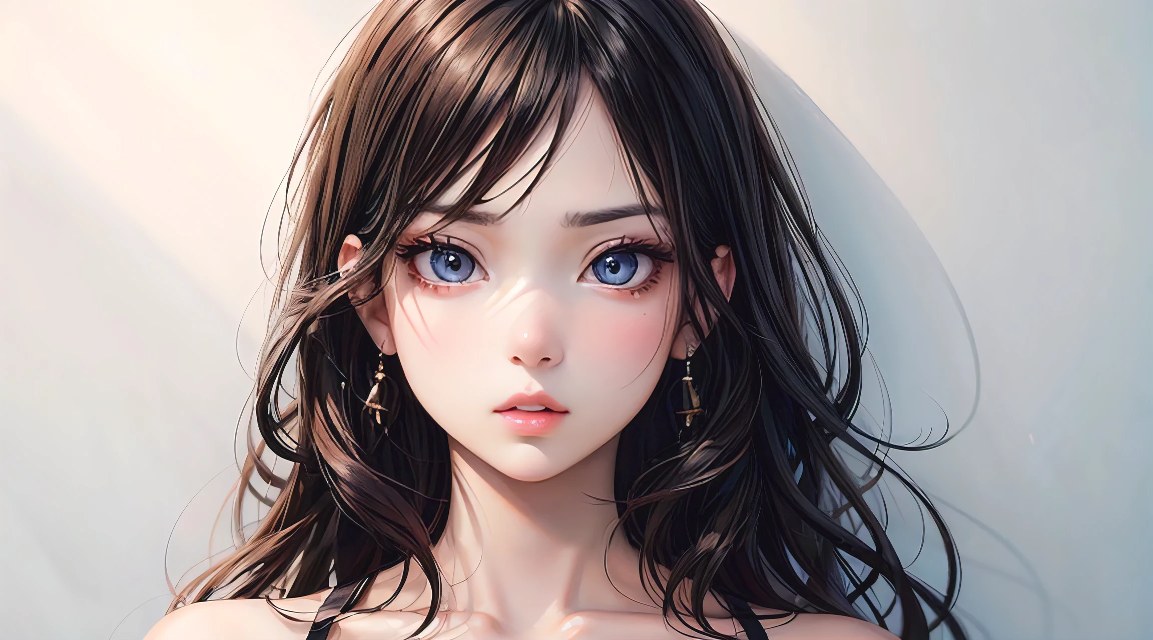 photorealistic, lip gloss, painting, realistic, best quality, ultra high resolution, depth, pastel color, natural shading, focus on face, face only, looking at viewer, long hair, hair accessory, black hair, brown and well detailed eyes, Dress