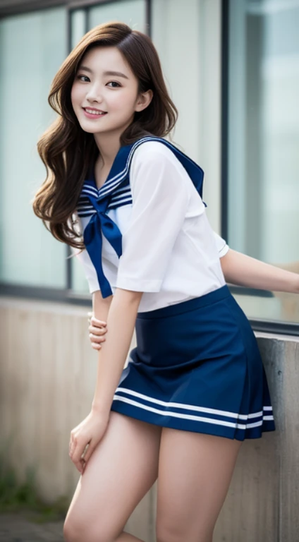 A woman with the same face as last time wearing a short skirt posing for a photo,4K、1Man Woman、A slender、 Loose wavy styling 、captivating and enticing、FULL BODYSHOT、Including face and skin texture.,Detailed eyes、A smiling face, a hyperrealistic schoolgirl, wearing sailor suit,