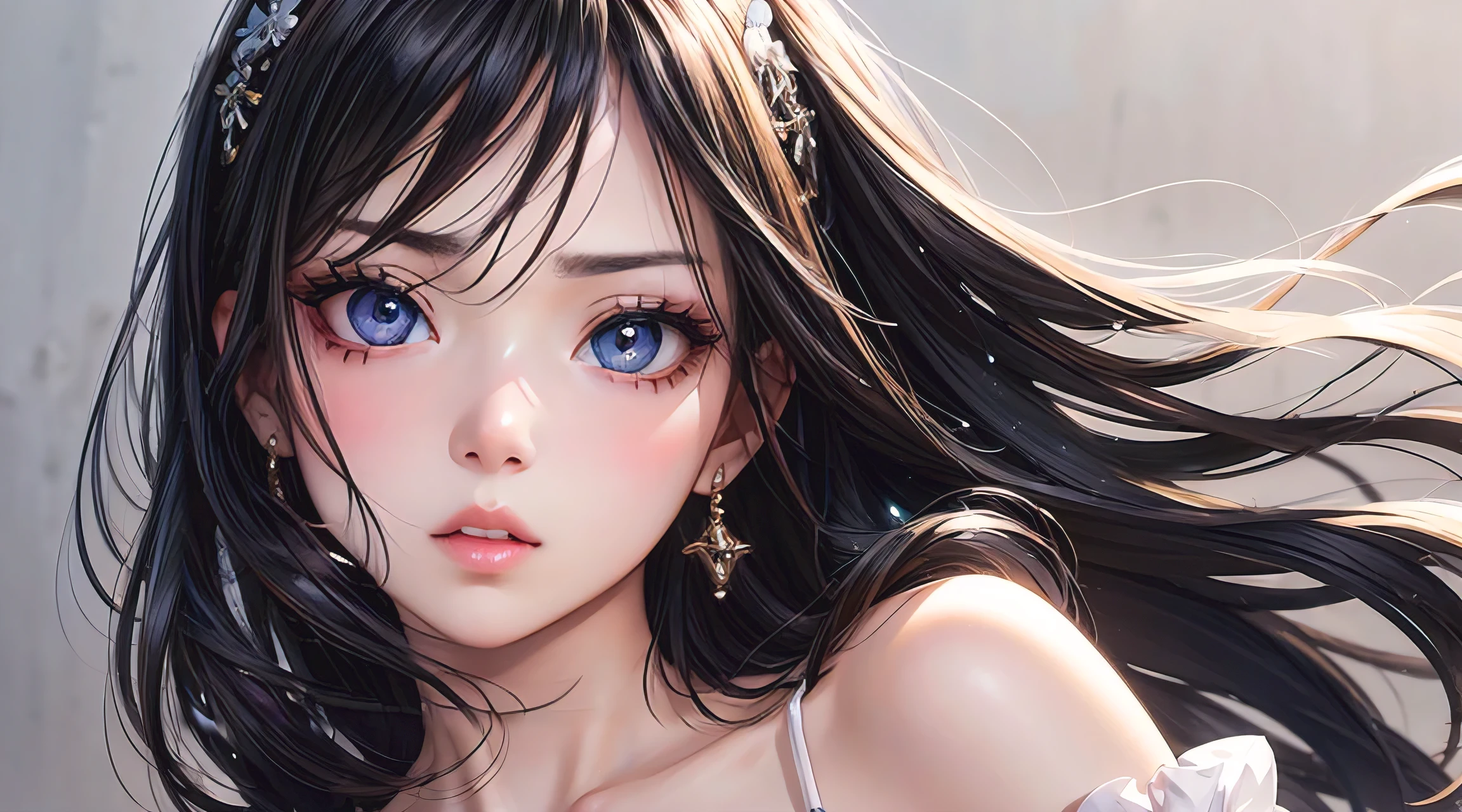 photorealistic, lip gloss, painting, realistic, best quality, ultra high resolution, depth, pastel color, natural shading, focus on face, face only, looking at viewer, long hair, hair accessory, black hair, brown and well detailed eyes, Dress