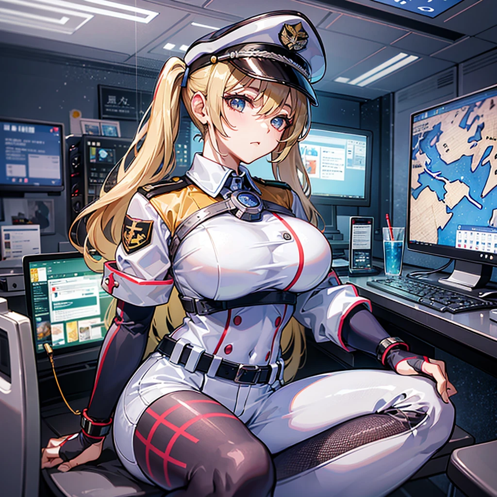 (((masterpiece、Top image quality、top-quality、highly detailed unity 8kwall-paper)))、(Illustration of one woman)、full bodyesbian、30-years old、(((neuter)))、((Blonde twintails))、Light golden eyes、((Tall))、(((Muscular and strong body、Split abs、muscular and thick arms、muscular and thick legs)))、(((manspreading、Sitting in the captain's seat)))、((Military uniforms))、((Military Cap))、((Military coat))、(white clothes)、(White pants)、(White cap)、trench coat、((Inside a futuristic spaceship、Surrounded by instruments and monitors、The Universe on the Monitor、Earth seen from space))