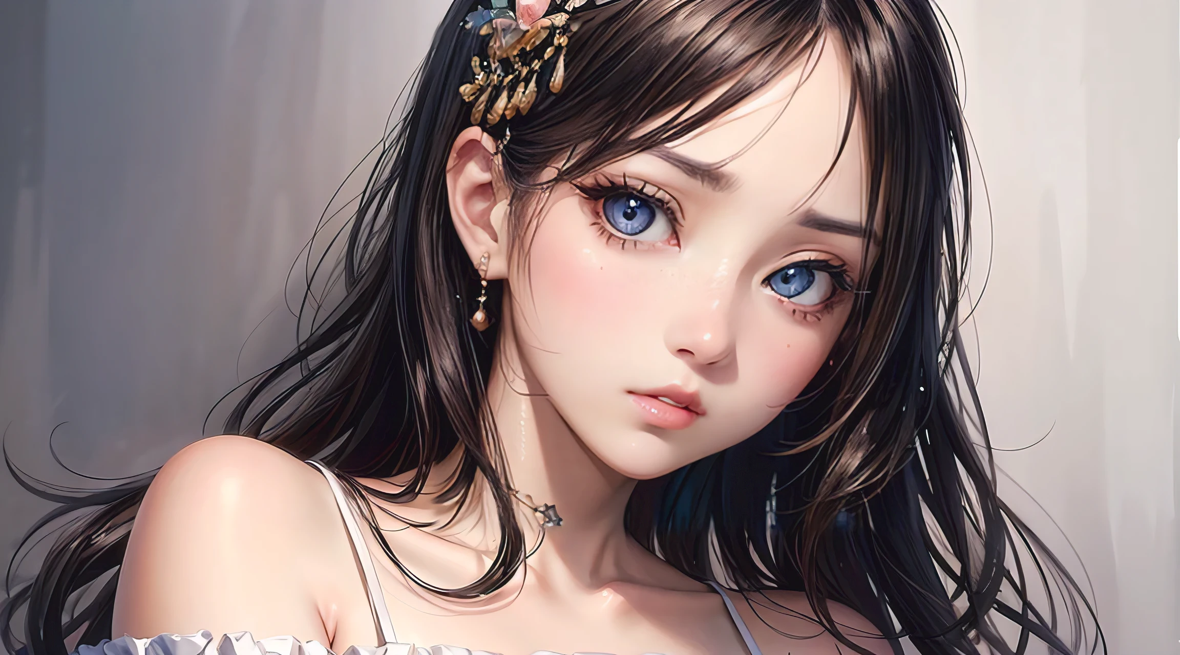 photorealistic, lip gloss, painting, realistic, best quality, ultra high resolution, depth, pastel color, natural shading, focus on face, face only, looking at viewer, long hair, hair accessory, black hair, brown and well detailed eyes, Dress