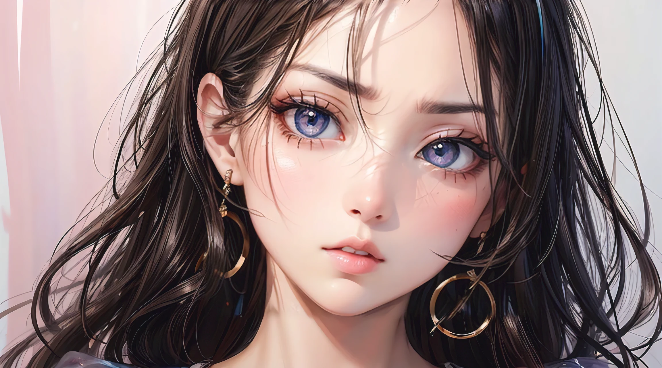 photorealistic, lip gloss, painting, realistic, best quality, ultra high resolution, depth, pastel color, natural shading, focus on face, face only, looking at viewer, long hair, hair accessory, black hair, brown and well detailed eyes, Dress