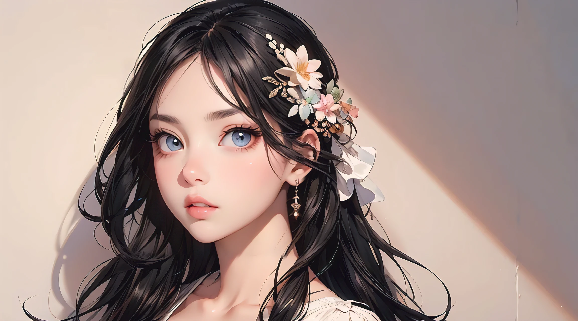 photorealistic, lip gloss, painting, realistic, best quality, ultra high resolution, depth, pastel color, natural shading, focus on face, face only, looking at viewer, long hair, hair accessory, black hair, brown and well detailed eyes, Dress
