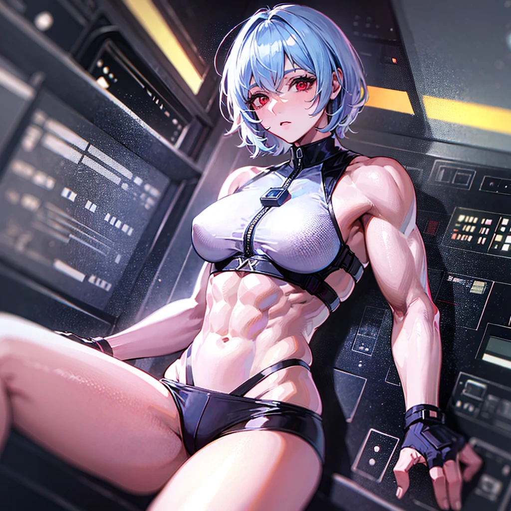 （（（​masterpiece、Top image quality、top-quality、highly detailed unity 8ｋwall-paper）））、（（Illustration of one girl））、（pilot）、（（（blue silver short hair）））、Red eyes、（（Tall））、（（（Muscle Girl、Muscular and strong body、abdominals、muscular and thick arms、muscular and thick legs、stocky build、muscular legs、broad shoulders））））、（（（白いpilotスーツ）））、（（manspreading、Sitting in the cockpit、armpit））、（（space fighter cockpit、The Universe on the Monitor、Earth seen from space））