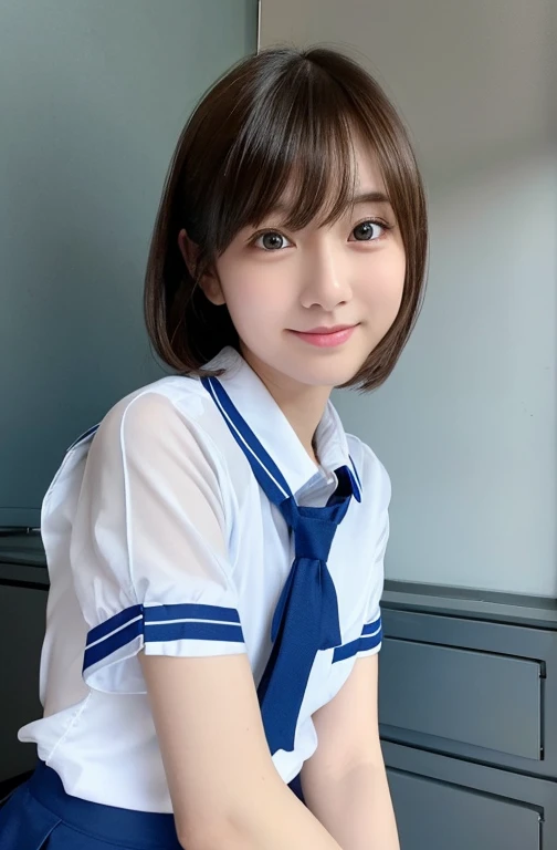 ((top-quality)), ((masterpiece)), ((ultra-detailliert)), (Extremely delicate and beautiful), girl with, Brown hair、彼女はwith theても(relax)with the(Settled down)Looks,Adorable smile, bright light blue eyes,明るい白髪with the水色の先端を持つインナーカラー,,,,,,,,,,,,,,,,,,,,,,,Cold background,Bob Hair - Linear Art, shortpants、knee high socks、White uniform like school uniform、Light blue ribbon ties、Clothes are sheer、The hand in my right pocket is like a sapphire,Fronllesse Blue, A small blue light was floating、fantastic eyes、selfy,Self-shot、Bangs fall on the eyes, give a sexy impression.