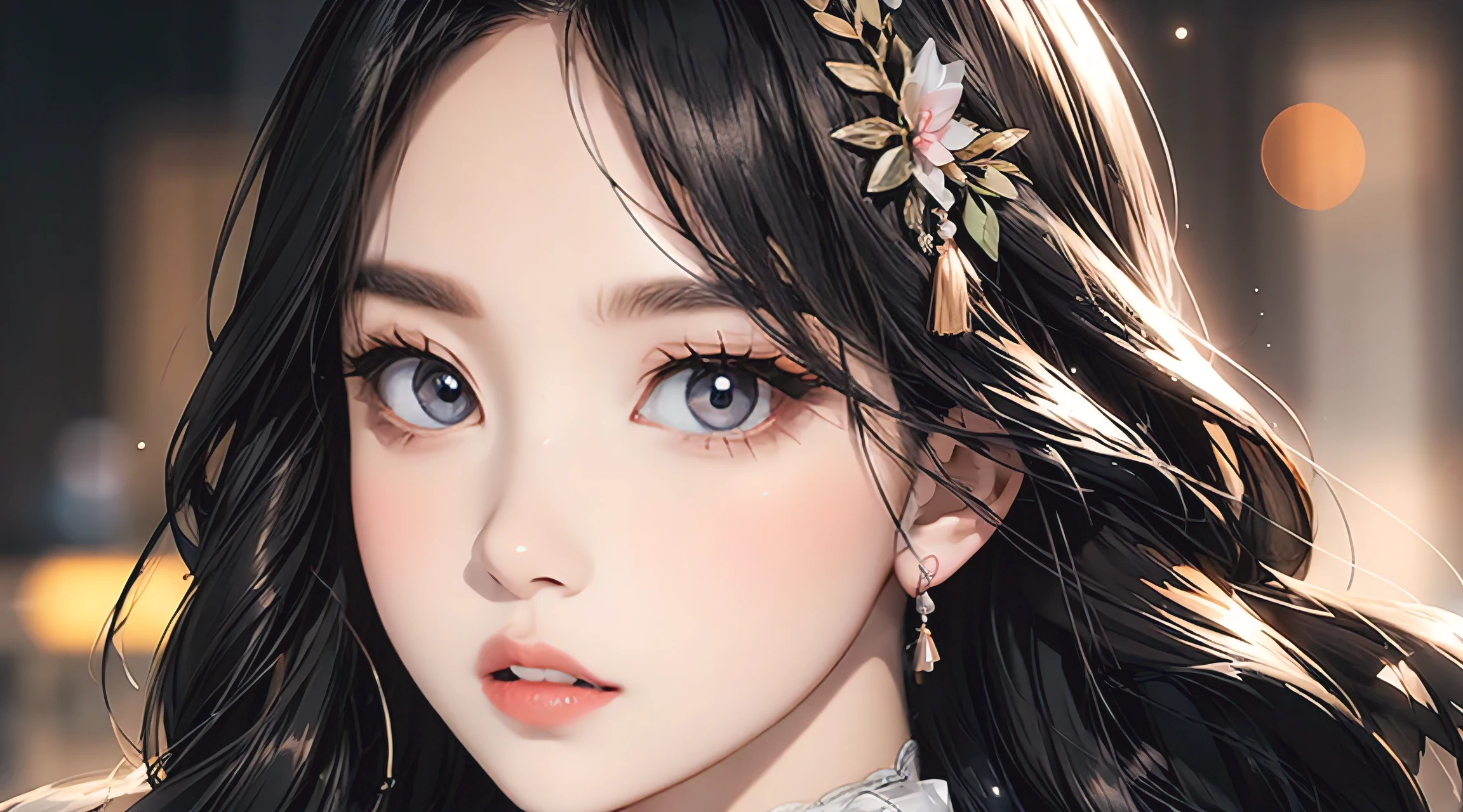 photorealistic, lip gloss, painting, realistic, best quality, ultra high resolution, depth, pastel color, natural shading, focus on face, face only, looking at viewer, long hair, hair accessory, black hair, brown and well detailed eyes, Dress