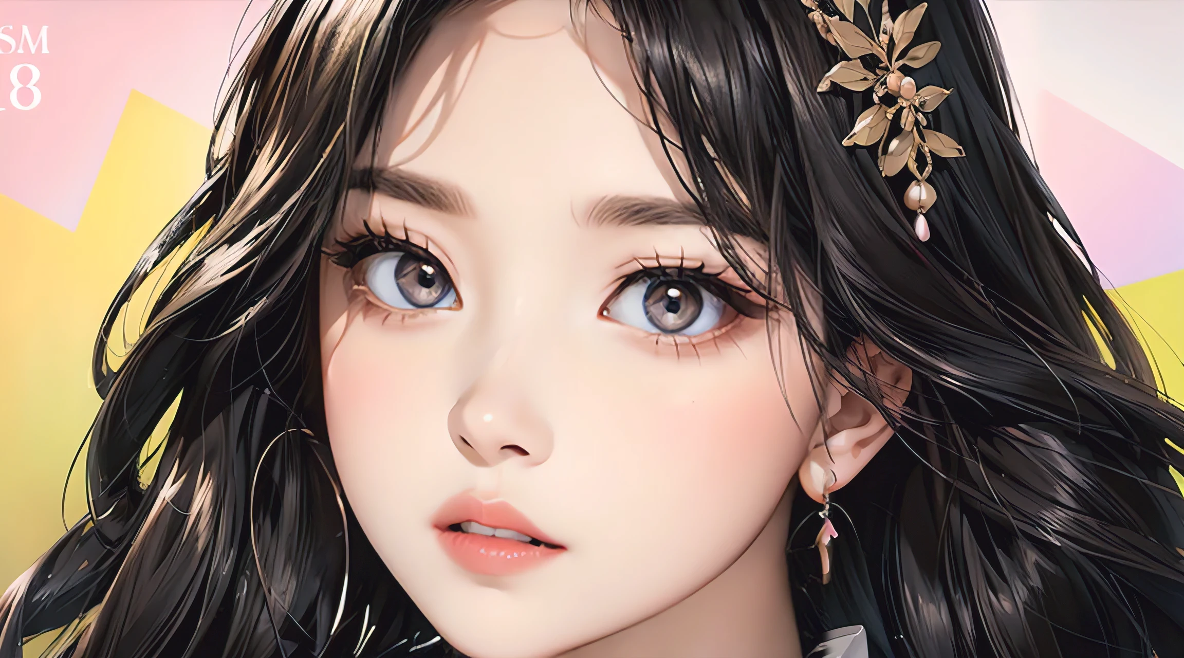 photorealistic, lip gloss, painting, realistic, best quality, ultra high resolution, depth, pastel color, natural shading, focus on face, face only, looking at viewer, long hair, hair accessory, black hair, brown and well detailed eyes, Dress