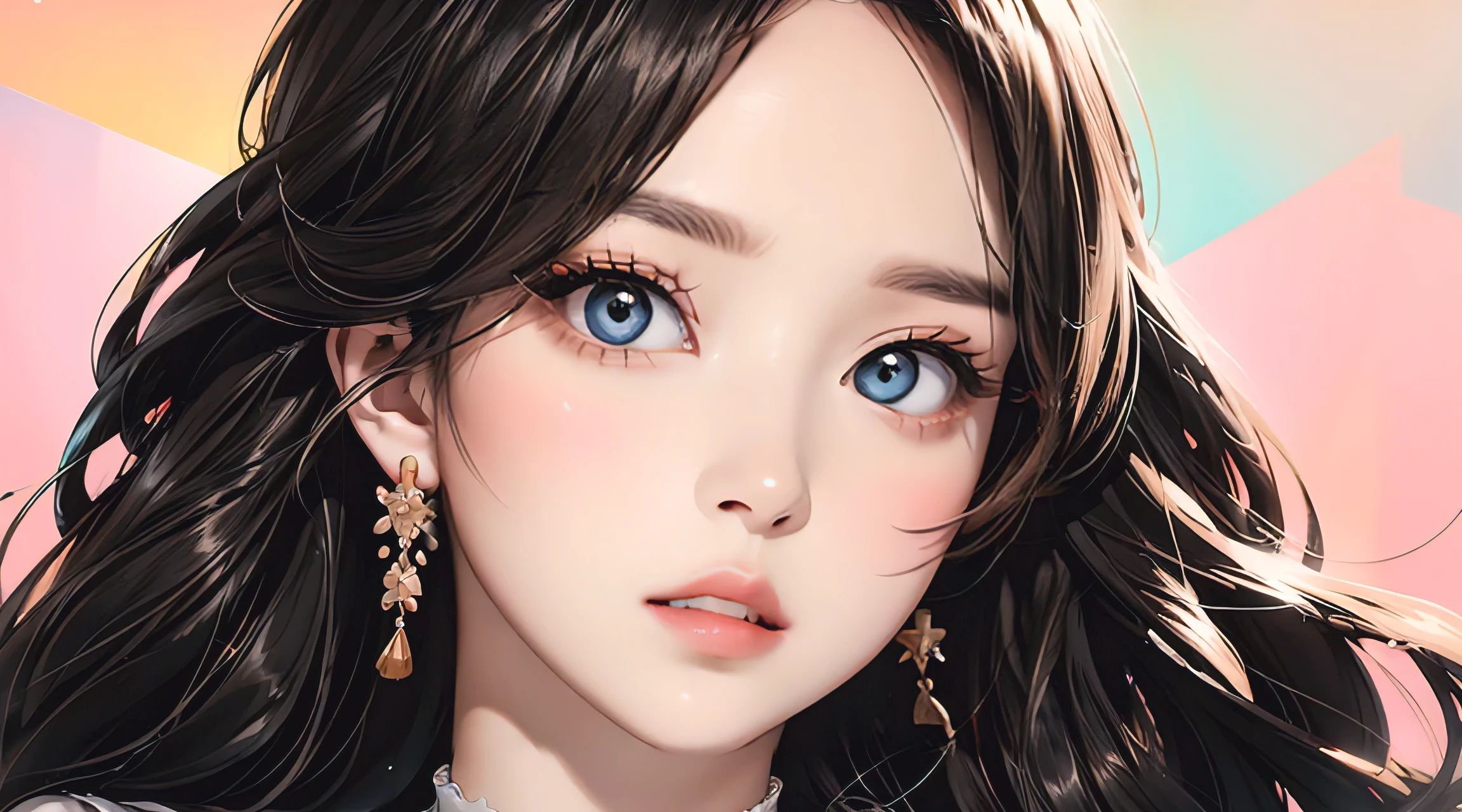 photorealistic, lip gloss, painting, realistic, best quality, ultra high resolution, depth, pastel color, natural shading, focus on face, face only, looking at viewer, long hair, hair accessory, black hair, brown and well detailed eyes, Dress