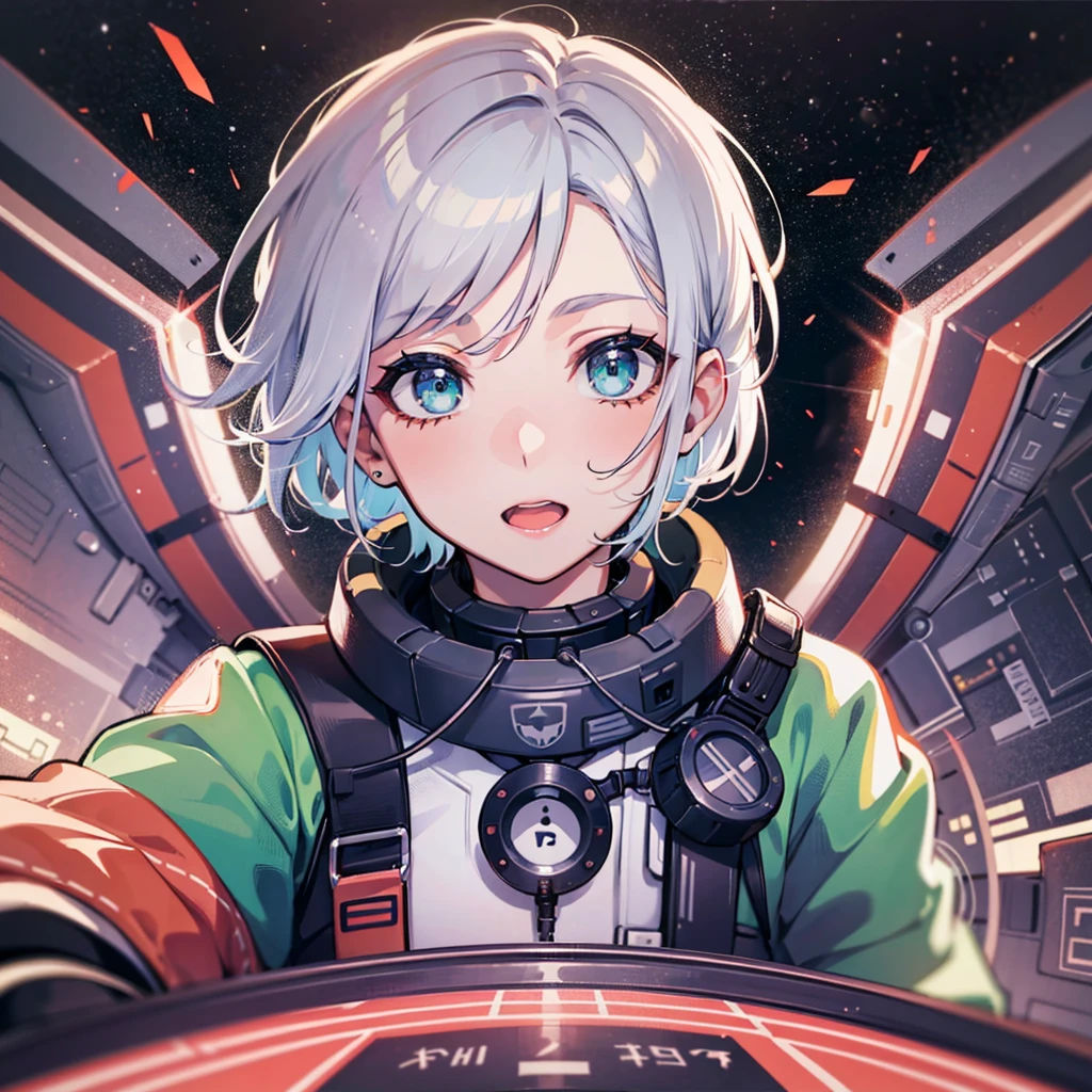 (((masterpiece、Top image quality、top-quality、highly detailed unity 8kwall-paper)))、((Illustration of one boy))、(pilot)、(((Beautiful Boys、neuter)))、((Silver-haired bob cut、shairband))、Green eyes、(((Brown-skinned)))、(((Brown-skinned)))、(toned body、abdominals)、(((白いpilotスーツ)))、((Sitting in the cockpit))、((space fighter cockpit、The Universe on the Monitor、Earth seen from space))
