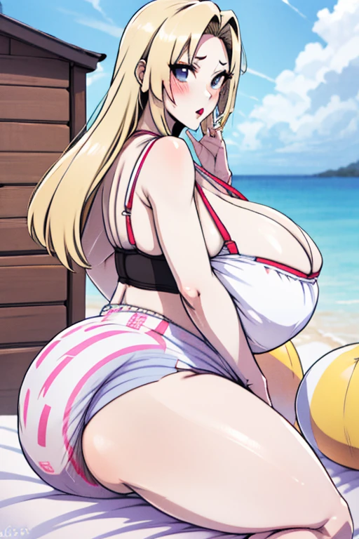 Tsunade Senju, 1 girl, ((bimbo))), long blond hair, puffy lips, painted lips, thick lips, wide hips, thick thighs, huge ass, screaming , enormous huge natural breasts, mature mom, white bra, in my bed, kissing another woman, enormous bloated overflowing saggy beach ball diaper about to burst