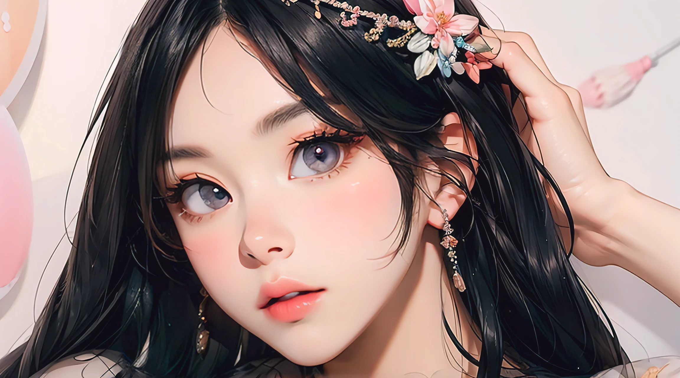 photorealistic, lip gloss, painting, realistic, best quality, ultra high resolution, depth, pastel color, natural shading, focus on face, face only, looking at viewer, long hair, hair accessory, black hair, brown and well detailed eyes, Dress