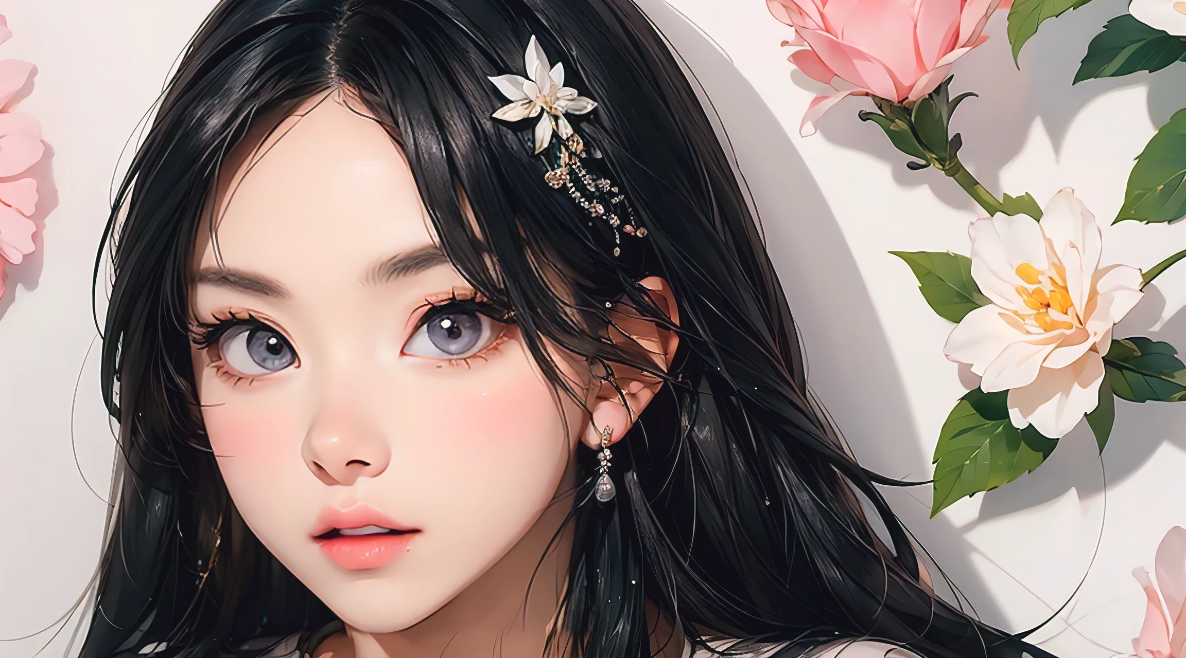 photorealistic, lip gloss, painting, realistic, best quality, ultra high resolution, depth, pastel color, natural shading, focus on face, face only, looking at viewer, long hair, hair accessory, black hair, brown and well detailed eyes, Dress