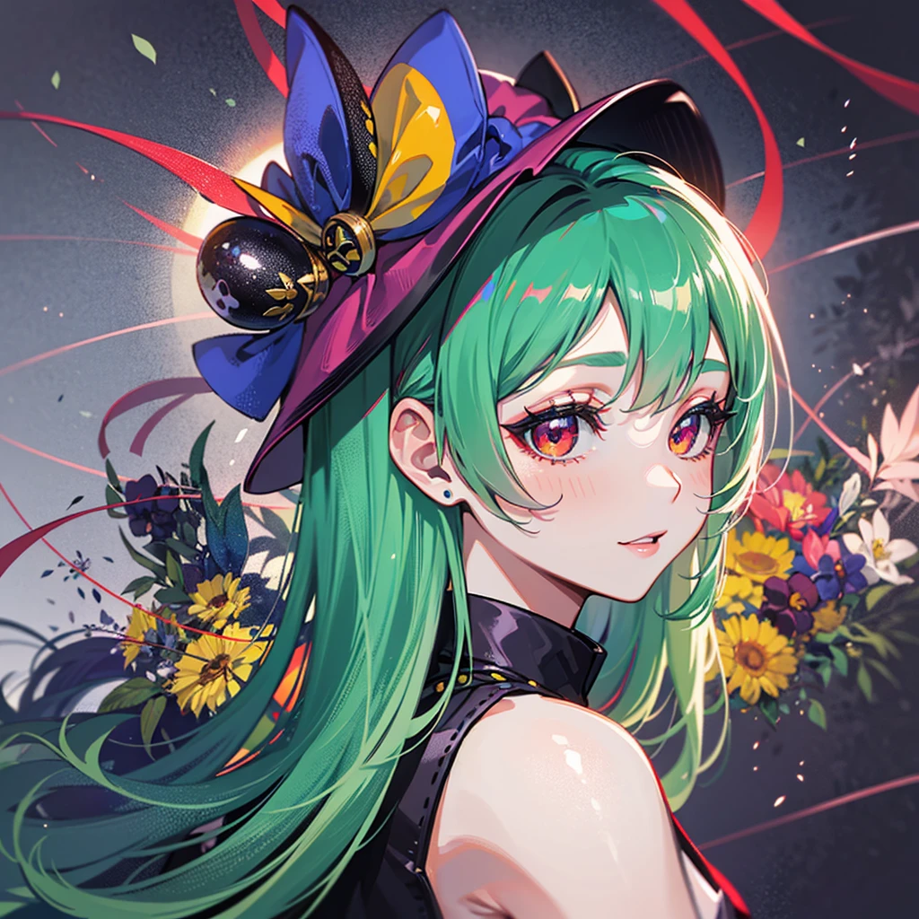 (((masterpiece、Top image quality、top-quality、highly detailed unity 8kwall-paper)))、((Illustration of one girl))、(jester)、((emerald green long straight hair))、(((Super tall)))、Red eyes、(((face with white makeup、Blue eyeliner、Makeup with a heart symbol around the left eye)))、((tuxedo、silk hat、cloaks))、((Circus stage、spot light))