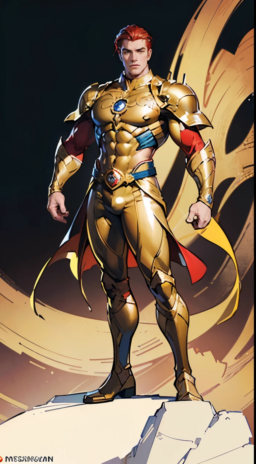 ((masterpiece,best quality,8k,highres)),((character concept art)), 1 male, middle-age man, superhero, 250 cm height, slicked back hairstyle, (red hair colour), ultra finely detailed eyes (yellow eyes colour), extraordinary handsome, charming, (gentle smile), extremely body build ((muscular)), beefy body shape, ((intricate detail)), super finely detailed hands, ultra finely detailed fingers(((ten fingers))), full superhero skin-tight outfit (gold colour outfit), boots, (standing still), (full body showcase), (show full body), (no logos on background), (no logo), ((plain background)), ((plain background)), (((empty background)))