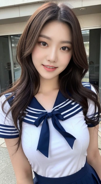 A woman with the same face as last time wearing a short skirt posing for a photo,4K、1Man Woman、A slender、 Loose wavy styling 、captivating and enticing、FULL BODYSHOT、Including face and skin texture.,Detailed eyes、A smiling face, a hyperrealistic schoolgirl, Be braless、The chest is open、wearing sailor suit,a miniskirt