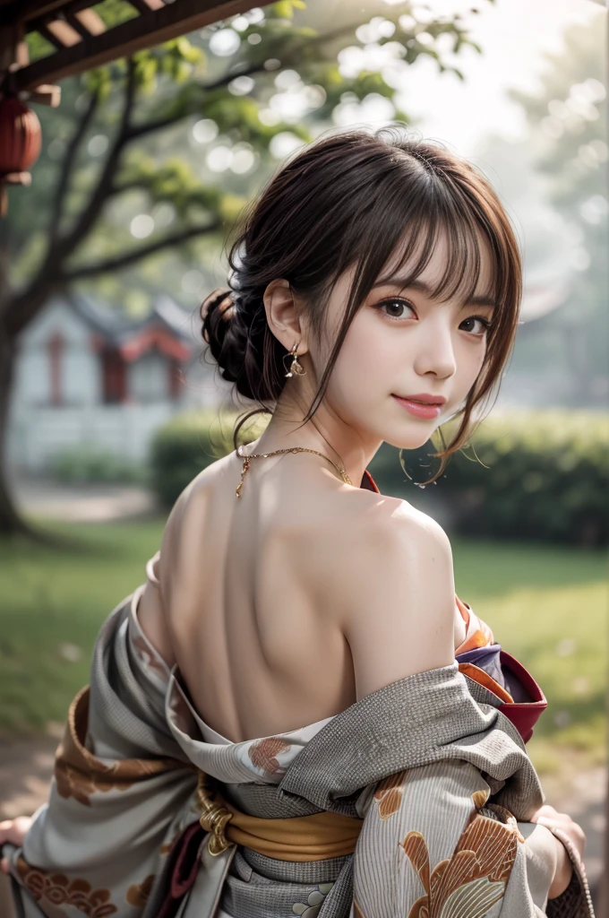 ((RAW shooting:1.5)), (Photoreal Stick:1.5, masutepiece:1.5, 8K), (top-quality, masterpiece, 超A high resolution), morning, January, Precincts of the shrine, ((fog the lens:1.4)), ((Shoot with blur:1.5)), ((sunrises, Sunlight coming in from behind:1.6, Strong sunlight spreads across the screen:1.6)), ((Strong sunlight shines on a woman:1.7)), ((The entire screen appears white and hazy due to strong sunlight.:1.8)), ((The woman looks blurry due to the strong sunlight:1.9)), Face Sharp Focus:1.3, Professional camera work:1.3, Highly detailed skin and facial texture:1.3, Grow Light Effect, The ultra-detailliert:1.3, 1girl in, Fair skin, (Sense of clarity:1.4, a small face), Extremely beautiful face:1.5, (Sense of clarityを感じる目:0.9, looking distantly), A smile:1.0, i love you completely:0.8, (Slightly open mouth:0.4, Sense of clarityを感じる口当たり:0.7), 二重まぶた, Dark brown medium hair, necklace and earrings, (Japanese kimono off shoulder)