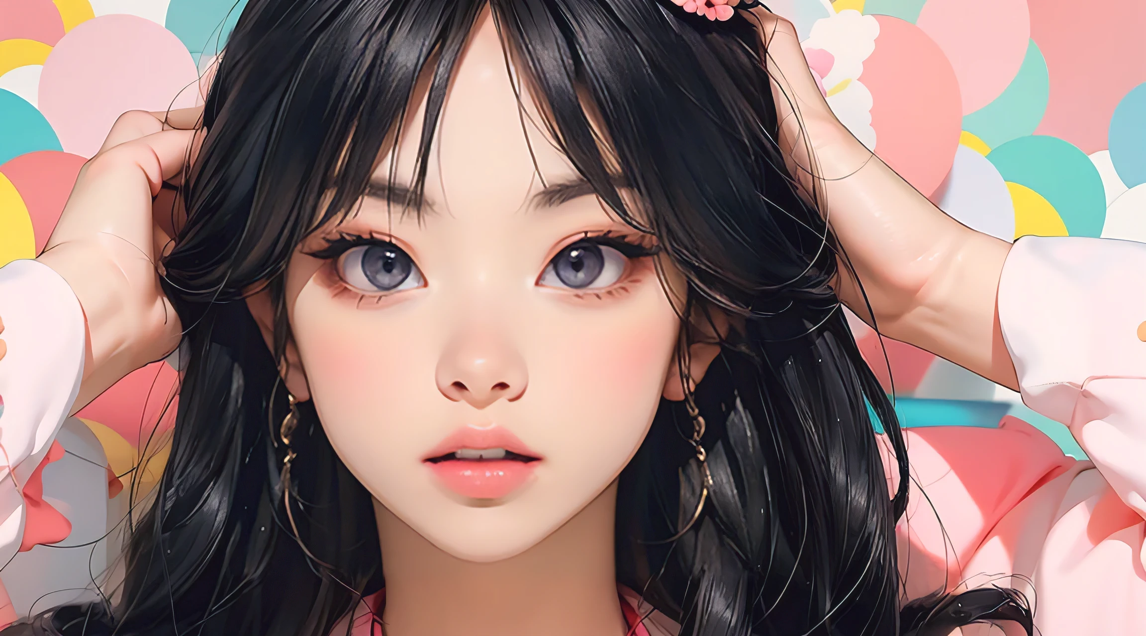 photorealistic, lip gloss, painting, realistic, best quality, ultra high resolution, depth, pastel color, natural shading, focus on face, face only, looking at viewer, long hair, hair accessory, black hair, brown and well detailed eyes, Dress