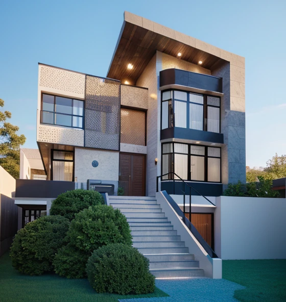 Hyper realistic eye level exterior photo of a mid century modemn
style house overlooking the valley. daylight, indirect lighting
House, wood, Chile, Sunset