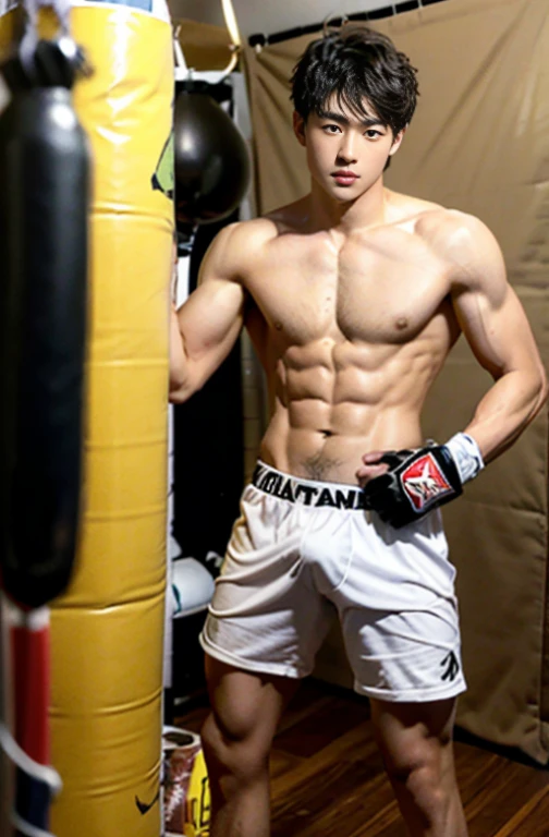 1 handsome Japanese guy,age 22,Fighters,Kota Miura,Confident and masculine,Ruffian,with short golden hair,Battle damage,Boxing gloves and punching bags,tall,Muscles look good,hairy bodies,Wheat complexion,黑The eye(thin eyes 1:3),fully body photo
