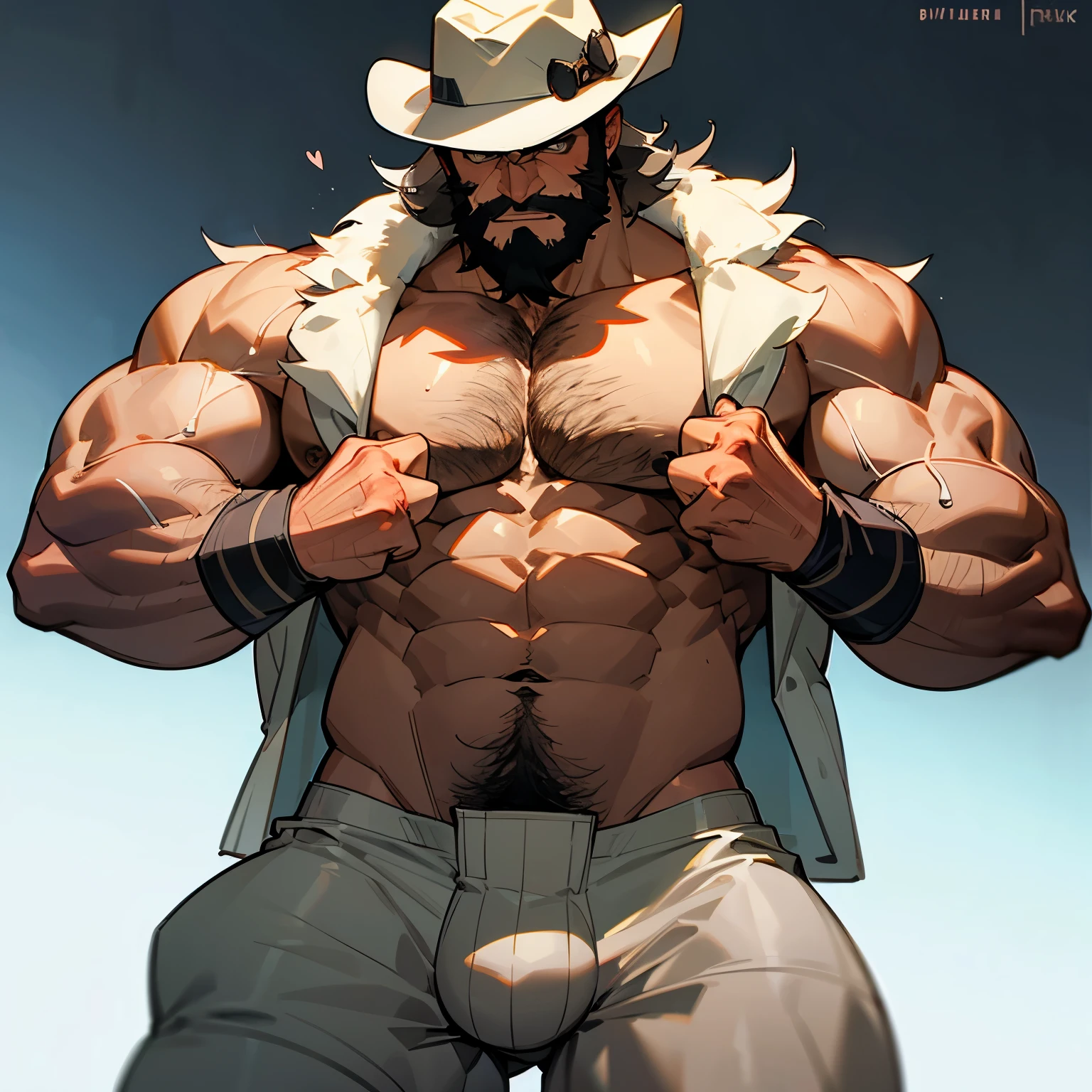 Muscular cowboy man, manly, bearded, very hairy, sexy cold stare, with cowboy hat, big pecs, bigger chest, sexy body, big legs, big biceps, big arms, shirtless, sweaty, hot, horny, very horny, erotic, older, age 60, gray colored hair, furry chest, chest full of hairy, chest hair, big belly, in underwear, white boxer briefs, big bulge, bulging, erected bulge,