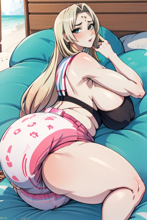 Tsunade Senju, 1 girl, ((bimbo))), long blond hair, puffy lips, painted lips, thick lips, wide hips, thick thighs, huge ass, making out , enormous huge natural breasts, mature mom, white bra, in my bed, kissing another woman, enormous bloated overflowing saggy beach ball diaper about to burst, hand on panties