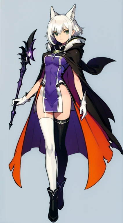 (((Best Quality))) , ((full body)), female, character design, solo, (white background), holding staff, gloves, cloak, thigh high, side slit trench skirt, blue, orange, green, violet, brown, white, colorful outfit,