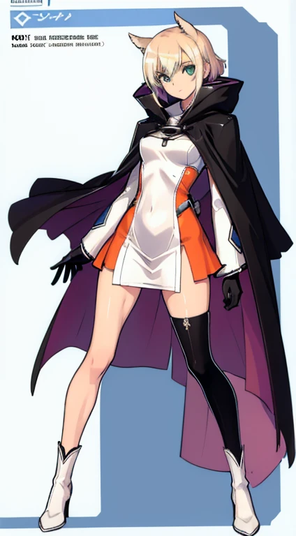 (((Best Quality))) , ((full body)), female, character design, solo, (white background), holding staff, gloves, cloak, thigh high, side slit trench skirt, blue, orange, green, violet, brown, white, colorful outfit,