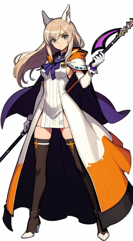 (((Best Quality))) , ((full body)), female, character design, solo, (white background), holding staff, gloves, cloak, thigh high, side slit trench skirt, blue, orange, green, violet, brown, white, colorful outfit,