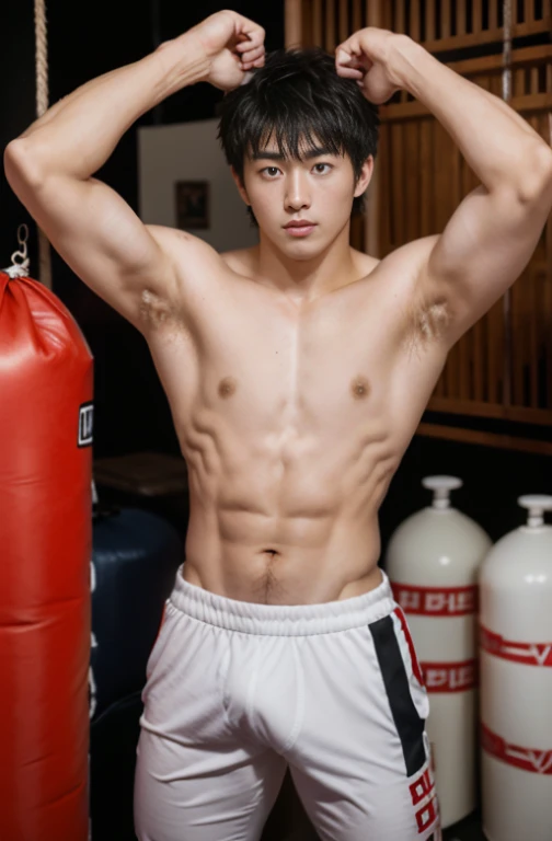 1 handsome Japanese guy,age 22,Fighters,Kota Miura,Confident and masculine,Ruffian,with short golden hair,Battle damage,Boxing gloves and punching bags,tall,Muscles look good,hairy bodies,Wheat complexion,黑The eye(thin eyes 1:3),fully body photo