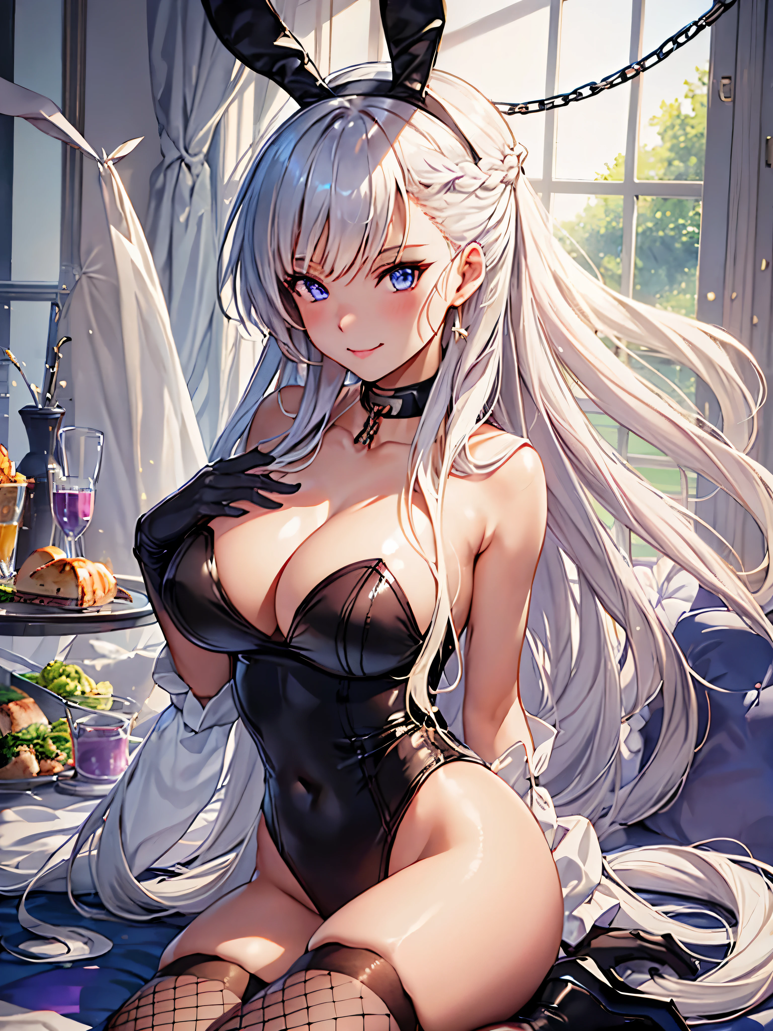 Best quality, 8k, Masterpiece, Best quality, Selvaria, pull gris clair, Regarder le spectateur, leaning forward, NSFW (en anglais seulement) (en anglais seulement), gros seins，completely naked, gros cul, Belfast_Azurlane, Gants, arc, animal ears, clivage, collants, cheveuxband, black Gants, arctie, Oreilles de lapin, talons hauts, justaucorps, Detached collar, fake animal ears, Lapin Playboy, Fishnets, black justaucorps, fishnet collants, long_cheveux, blanc_cheveux, frange, poitrine, grand_poitrine, tresser, sourire, clivage, rougir, French_tresser, bleu_yeux, pourpre_yeux, clavicule, chain, {Belfast_Azurlane:1.15},