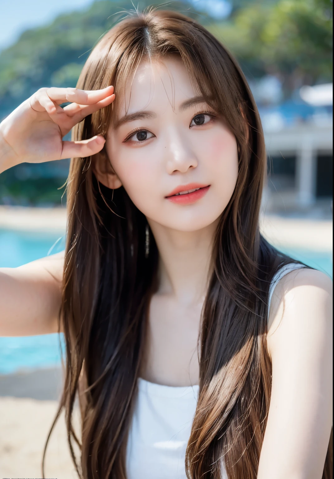 A realism photography, cinematography, sharp focus, Cinematic lighting, details, ultrarealistic, hyperdetailed, ((Best qualtiy, master-piece:1.3)), profesional lighting, portrait, Focus:1.2, 1girl,yo,very beautiful, rounded face, tanktop, hot pants:1.1, Highly detailed facial and skin texture, Fine Eyes, korean girl,whitened skin, long hair , bangs, Blush, 5_fingers, day, Happy smile, outside beach eyes, with light makeup, natural makeup, looking directly at the camera, face with artgram, stunning poses on the beach, medium to large size bust, full shot