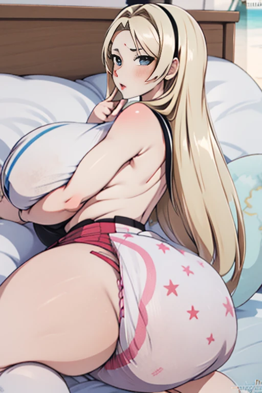 Tsunade Senju, 1 girl, ((bimbo))), long blond hair, puffy lips, painted lips, thick lips, wide hips, thick thighs, huge ass, making out , enormous huge natural breasts, mature mom, white bra, in my bed, kissing another woman, enormous bloated overflowing saggy beach ball diaper about to burst, hand on groping ass and breast