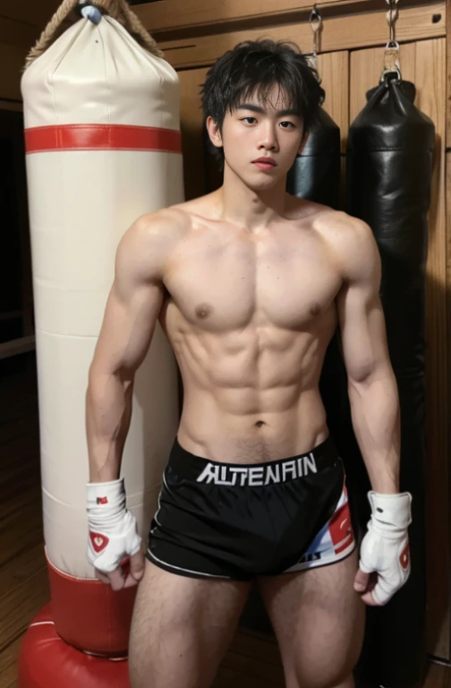 1 handsome Japanese guy，25 age old，Fighters，Kota Miura，Confident and masculine，Ruffian，with short golden hair，Battle damage，Boxing gloves and punching bags，tall，Muscles look good，hairy bodies，Wheat complexion，黑The eye（thin eyes 1：3），fully body photo