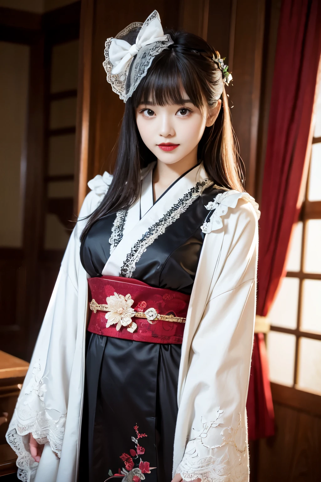 （in 8K, Best Quality, masutepiece:1.2)、超A high resolution、A beautiful and elegant 20 year old woman,ultra-detailed face,detailed eyes,A dark-haired,long eyeslashes,Detailed fingers,elaborate costume,Luxury kimono,Long sleeves,mini length black kimono,detailed embroidery,lots of lace ,red lips,blunt bangs,up hair,lolita fashion,bow ribbon,Head dress、white lace short socks,is standing,Captivate your audience,a smile,rim light,Western-style room