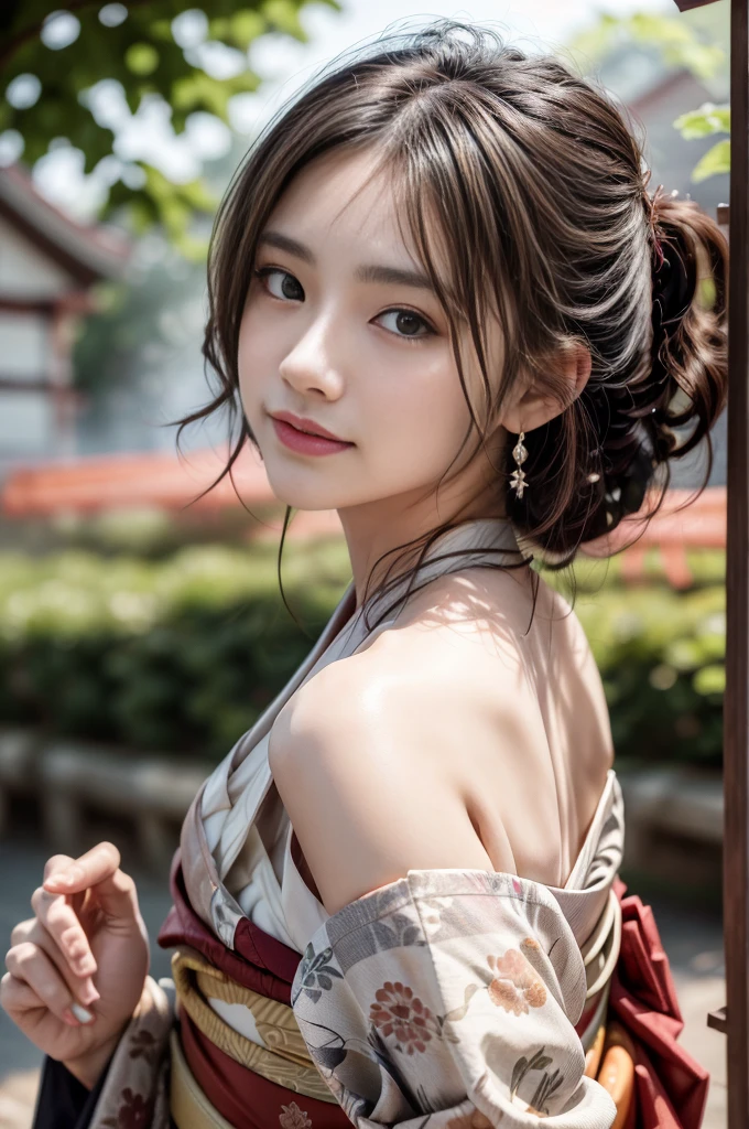((RAW shooting:1.5)), (Photoreal Stick:1.5, masutepiece:1.5, 8K), (top-quality, masterpiece, 超A high resolution), morning, Precincts of the shrine, ((fog the lens:1.4)), ((Shoot with blur:1.5)), ((sunrises, Sunlight coming in from behind:1.6, Strong sunlight spreads across the screen:1.6)), ((Strong sunlight shines on a woman:1.7)), ((The entire screen appears white and hazy due to strong sunlight.:1.8)), ((The woman looks blurry due to the strong sunlight:1.9)), Professional camera work:1.3, Highly detailed skin and facial texture:1.3, Grow Light Effect, The ultra-detailliert:1.3, 1girl in, Fair skin, (Sense of clarity:1.4, a small face), Extremely beautiful face:1.5, (Sense of clarityを感じる目:0.9, looking distantly), A smile:1.0, (Slightly open mouth:0.4, Sense of clarityを感じる口当たり:0.7), 二重まぶた, Dark brown medium hair, necklace and earrings, (Wearing Kimono Correctly Off Shoulder)