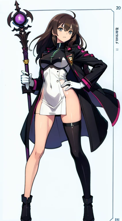 (((Best Quality))) , ((full body)), female, character design, solo, (white background), holding staff, gloves, thigh high, side slit trench skirt, blue, orange, green, violet, brown, white, colorful outfit,
