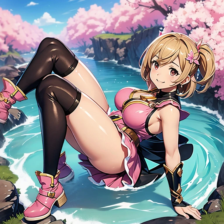 Granblue Fantasy,Grabble,djeeta,djeetaちゃん,Official Images,official illustrations,job fighter,Black knee-high socks,pink clothing,,thighs thighs thighs thighs, Djeeta,Smile