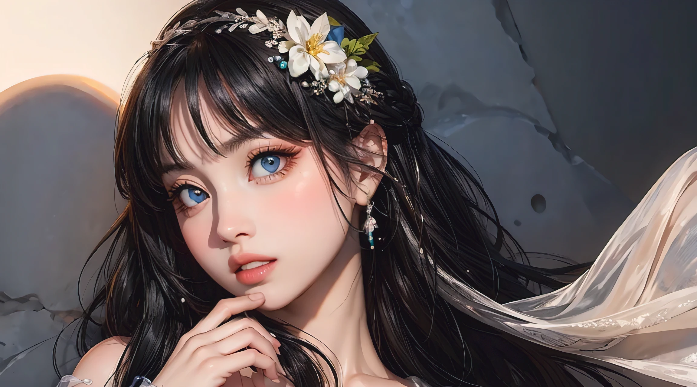 photorealistic, lip gloss, painting, realistic, best quality, ultra high resolution, depth, pastel color, natural shading, focus on face, face only, looking at viewer, long hair, hair accessory, black hair, brown and well detailed eyes, Dress