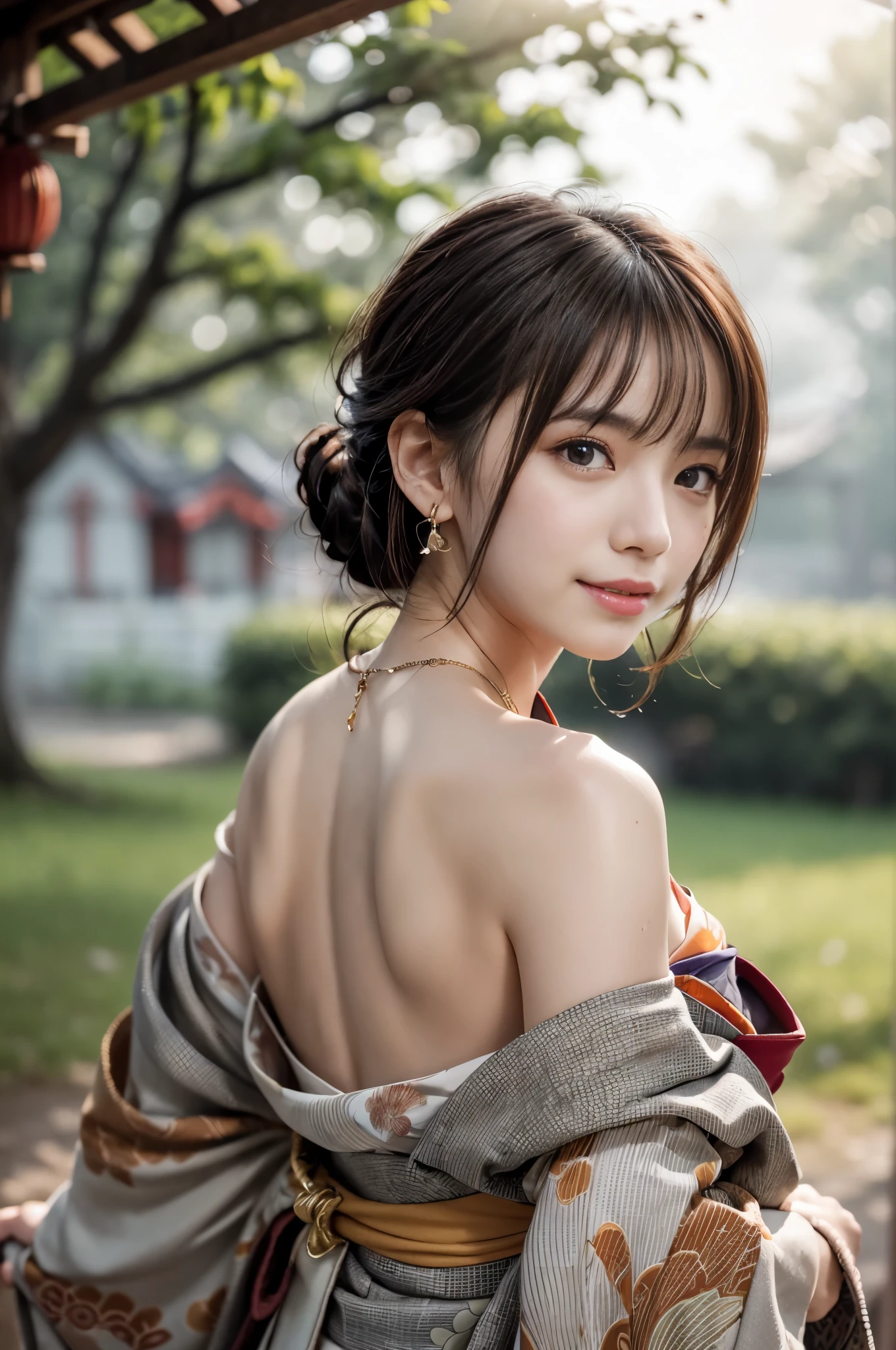 ((RAW shooting:1.5)), (Photoreal Stick:1.5, masutepiece:1.5, 8K), (top-quality, ​masterpiece, 超A high resolution), morning, January, Precincts of the shrine, ((fog the lens:1.4)), ((Shoot with blur:1.5)), ((sunrises, Sunlight coming in from behind:1.6, Strong sunlight spreads across the screen:1.6)), ((Strong sunlight shines on a woman:1.7)), ((The entire screen appears white and hazy due to strong sunlight.:1.8)), ((The woman looks blurry due to the strong sunlight:1.9)), Face Sharp Focus:1.3, Professional camera work:1.3, Highly detailed skin and facial texture:1.3, Grow Light Effect, The ultra-detailliert:1.3, 1girl in, Fair skin, (Sense of clarity:1.4, a small face), Extremely beautiful face:1.5, (Sense of clarityを感じる目:0.9, looking distantly), A smile:1.0, i love you completely:0.8, (Slightly open mouth:0.4, Sense of clarityを感じる口当たり:0.7), 二重まぶた, Dark brown medium hair, necklace and earrings, (Japanese kimono off shoulder)