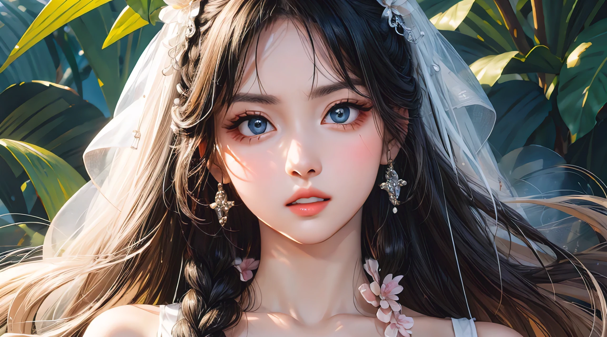 photorealistic, lip gloss, painting, realistic, best quality, ultra high resolution, depth, pastel color, natural shading, focus on face, face only, looking at viewer, long hair, hair accessory, black hair, brown and well detailed eyes, Dress