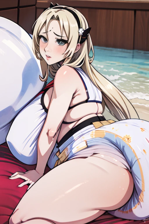 Tsunade Senju, 1 girl, ((bimbo))), long blond hair, puffy lips, painted lips, thick lips, wide hips, thick thighs, huge ass, enormous huge natural breasts, mature mom, white bra, in my bed, enormous bloated overflowing saggy beach ball diaper about to burst, groping ass