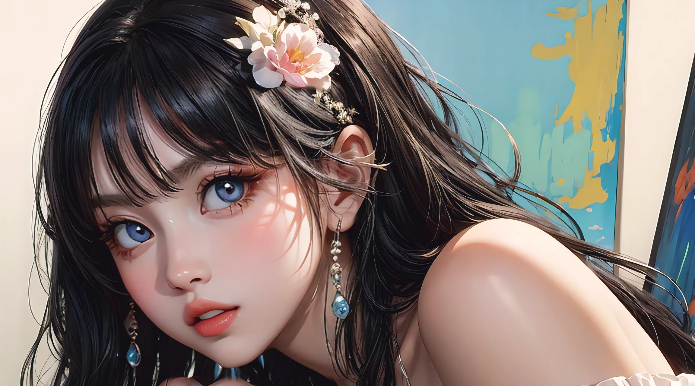 photorealistic, lip gloss, painting, realistic, best quality, ultra high resolution, depth, pastel color, natural shading, focus on face, face only, looking at viewer, long hair, hair accessory, black hair, brown and well detailed eyes, Dress