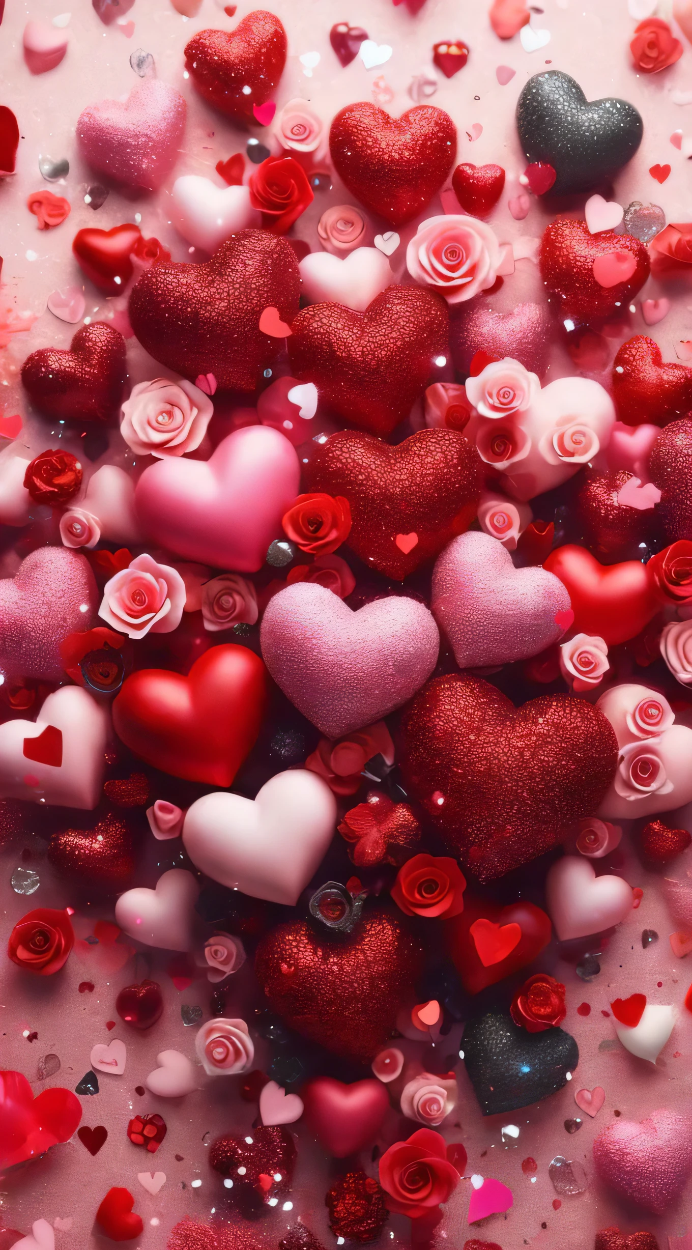 a close up of a bunch of hearts and roses on a pink surface, red hearts, many hearts, pink and red colors, hearts, several hearts, by Valentine Hugo, falling hearts, ❤🔥🍄🌪, heart effects, pink hearts in the background, pink and red color scheme, lovely, 8 k highly detailed ❤🔥 🔥 💀 🤖 🚀